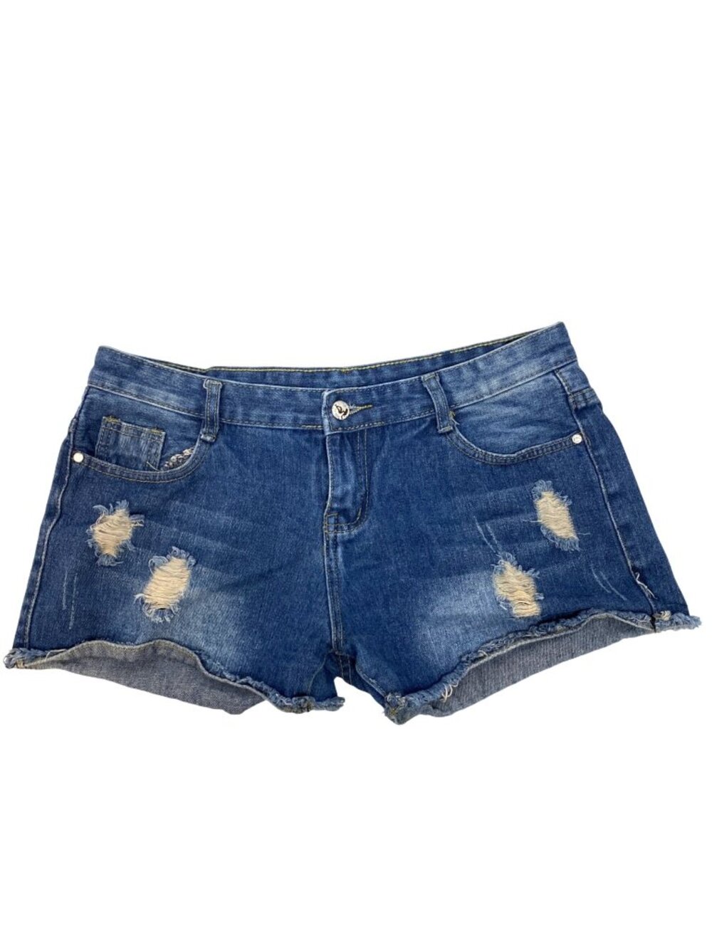 Low Rise Y2K Style Distressed Cut-Off Raw Hem Denim Blue Jean Shorts Size 33